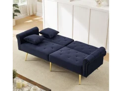 Sofá*Merax Sofá-cama de 2 lugares - 173 x 75 x 70 cm - Encosto ajustável em 3 posições + pés de metal dourado - veludo - escuro Azul