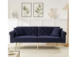 Sofá*Merax Sofá-cama de 2 lugares - 173 x 75 x 70 cm - Encosto ajustável em 3 posições + pés de metal dourado - veludo - escuro Azul