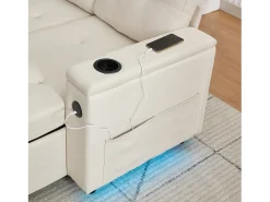 Sofá|Merax Sofá-cama de 3 lugares - 208 x 146 x 89,5 cm - com arrumação integrada + luzes LED - Tecido - Bege