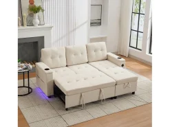 Sofá|Merax Sofá-cama de 3 lugares - 208 x 146 x 89,5 cm - com arrumação integrada + luzes LED - Tecido - Bege