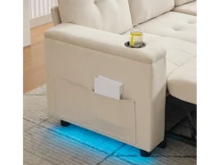 Sofá|Merax Sofá-cama de 3 lugares - 208 x 146 x 89,5 cm - com arrumação integrada + luzes LED - Tecido - Bege