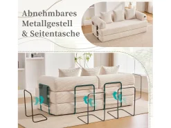 Sofá|Merax Sofá-cama de 3 lugares - 200 x 94 x 67 cm - com bolsos laterais + 3 almofadas - veludo - Bege