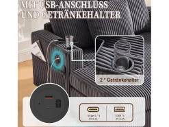 Sofá*Merax Sofá-cama de 3 lugares - 142 x 128 x 85 cm - com porta-copos + portas USB + LEDs - veludo - cinza escuro Cinzento