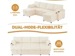 New Merax Sofá-cama de 4 lugares - 272 x 131 x 84 cm - com porta-copos + espaço de armazenamento + almofadas - veludo - Bege