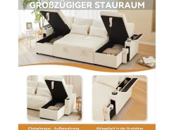 New Merax Sofá-cama de 4 lugares - 272 x 131 x 84 cm - com porta-copos + espaço de armazenamento + almofadas - veludo - Bege