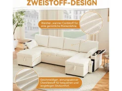 New Merax Sofá-cama de 4 lugares - 272 x 131 x 84 cm - com porta-copos + espaço de armazenamento + almofadas - veludo - Bege