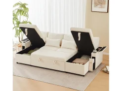 New Merax Sofá-cama de 4 lugares - 272 x 131 x 84 cm - com porta-copos + espaço de armazenamento + almofadas - veludo - Bege