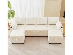 New Merax Sofá-cama de 4 lugares - 272 x 131 x 84 cm - com porta-copos + espaço de armazenamento + almofadas - veludo - Bege