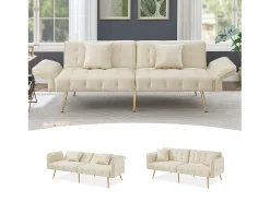 Sofá|Merax Sofá-cama de 2 lugares - 178 x 82 x 70 cm - com encosto e braços ajustáveis - veludo - Bege