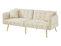 Sofá|Merax Sofá-cama de 2 lugares - 178 x 82 x 70 cm - com encosto e braços ajustáveis - veludo - Bege