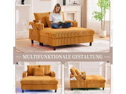 Sofá*Merax Sofá-cama de 3 lugares - 142 x 128 x 85 cm - com porta-copos + portas USB + LEDs - veludo - Amarelo