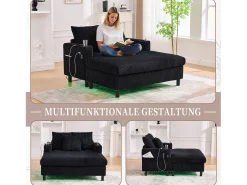 Sofá|Merax Sofá-cama de 3 lugares - 142 x 128 x 85 cm - com porta-copos + portas USB + LEDs - veludo - Preto