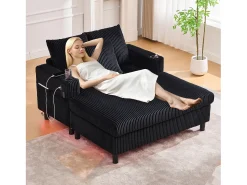 Sofá|Merax Sofá-cama de 3 lugares - 142 x 128 x 85 cm - com porta-copos + portas USB + LEDs - veludo - Preto