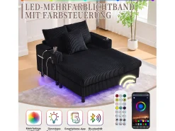 Sofá|Merax Sofá-cama de 3 lugares - 142 x 128 x 85 cm - com porta-copos + portas USB + LEDs - veludo - Preto