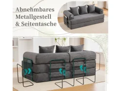 Sofá|Merax Sofá-cama de 3 lugares - 200 x 94 x 67 cm - com bolsos laterais + 3 almofadas - veludo - cinza escuro Cinzento