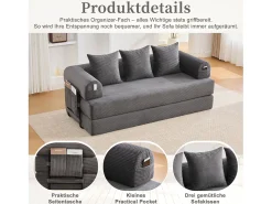 Sofá|Merax Sofá-cama de 3 lugares - 200 x 94 x 67 cm - com bolsos laterais + 3 almofadas - veludo - cinza escuro Cinzento