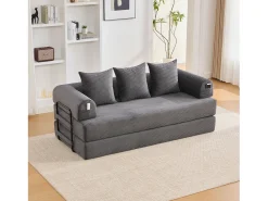 Sofá|Merax Sofá-cama de 3 lugares - 200 x 94 x 67 cm - com bolsos laterais + 3 almofadas - veludo - cinza escuro Cinzento