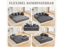 Sofá|Merax Sofá-cama de 3 lugares - 200 x 94 x 67 cm - com bolsos laterais + 3 almofadas - veludo - cinza escuro Cinzento