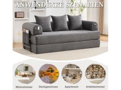 Sofá|Merax Sofá-cama de 3 lugares - 200 x 94 x 67 cm - com bolsos laterais + 3 almofadas - veludo - cinza escuro Cinzento