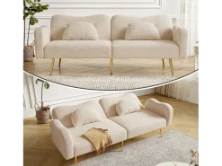 Clearance Merax Sofá-cama de 2 lugares - 175 x 79 x 82 cm - com encosto ajustável - pés de metal dourado - veludo - Bege