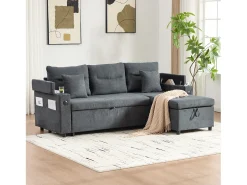 Sofá|Merax Sofá-cama de 3 lugares - 212,5 x 136 x 86 cm - com porta-copos + porta USB + espaço de armazenamento - sofá-cama retrátil - linho - cinza escuro Cinzento
