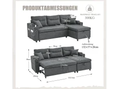 Sofá|Merax Sofá-cama de 3 lugares - 212,5 x 136 x 86 cm - com porta-copos + porta USB + espaço de armazenamento - sofá-cama retrátil - linho - cinza escuro Cinzento