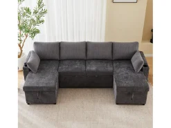 Merax Sofá-cama de 4 lugares - 272 x 131 x 84 cm - com porta-copos + espaço de armazenamento + almofadas - veludo - cinza^ Sofá