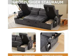 Merax Sofá-cama de 4 lugares - 272 x 131 x 84 cm - com porta-copos + espaço de armazenamento + almofadas - veludo - cinza^ Sofá