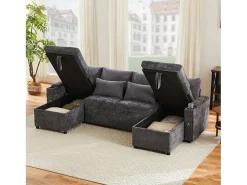 Merax Sofá-cama de 4 lugares - 272 x 131 x 84 cm - com porta-copos + espaço de armazenamento + almofadas - veludo - cinza^ Sofá