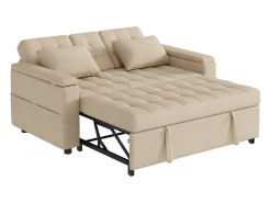 Sofá|Merax Sofá-cama de 2 lugares com arrumação e encosto ajustável - 159 x 142,5 x 92 cm - Algodão e linho - Bege