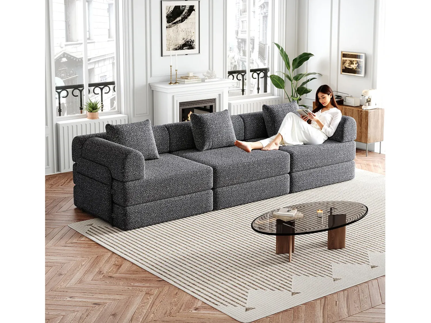 Best Hauss Spole Sofá-cama de 3 lugares com conversão rápida em tecido chenille - Várias combinações Cinzento