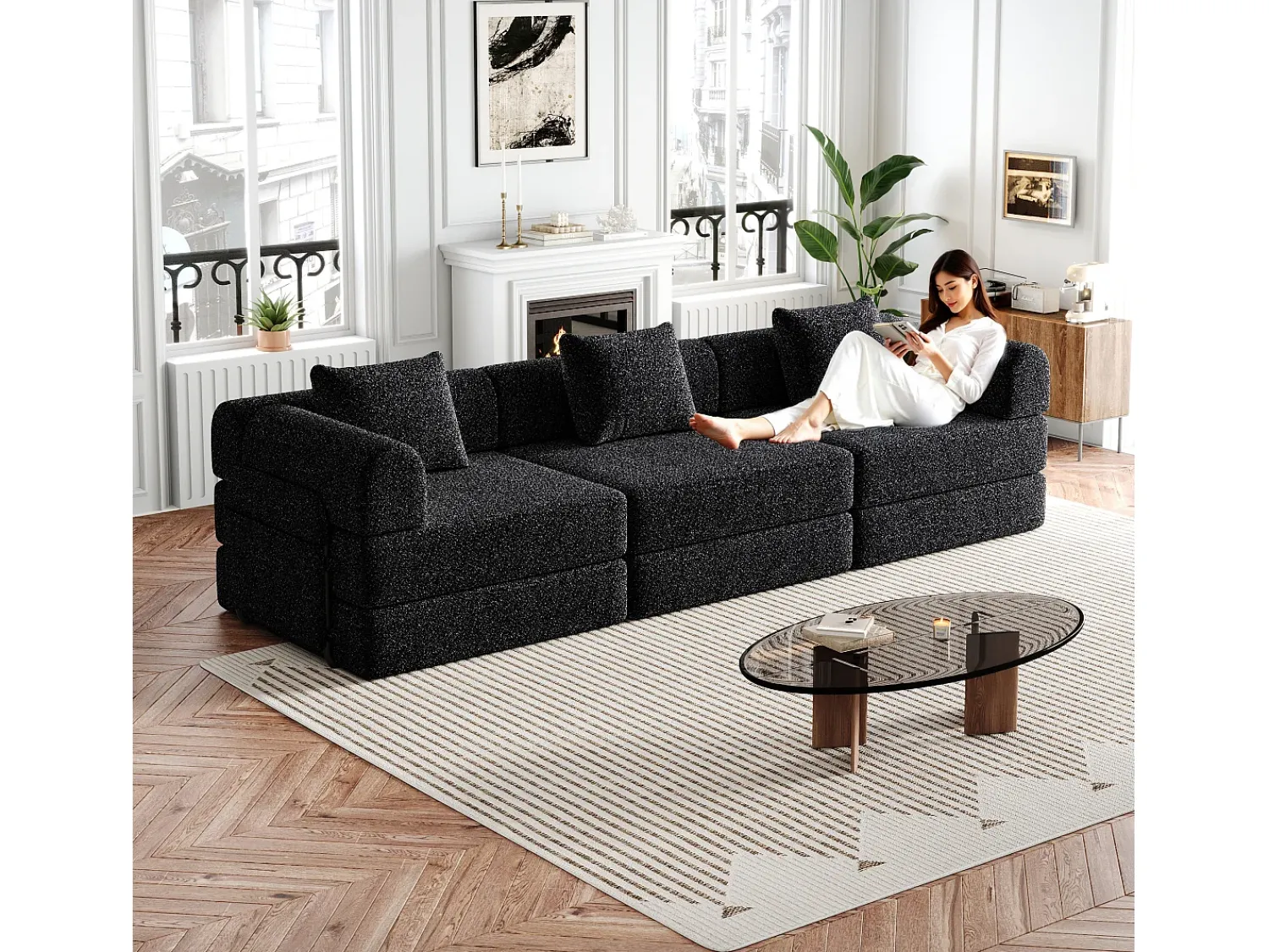 Hauss Spole Sofá-cama de 3 lugares com conversão rápida em tecido chenille - Várias combinações^ Sofá