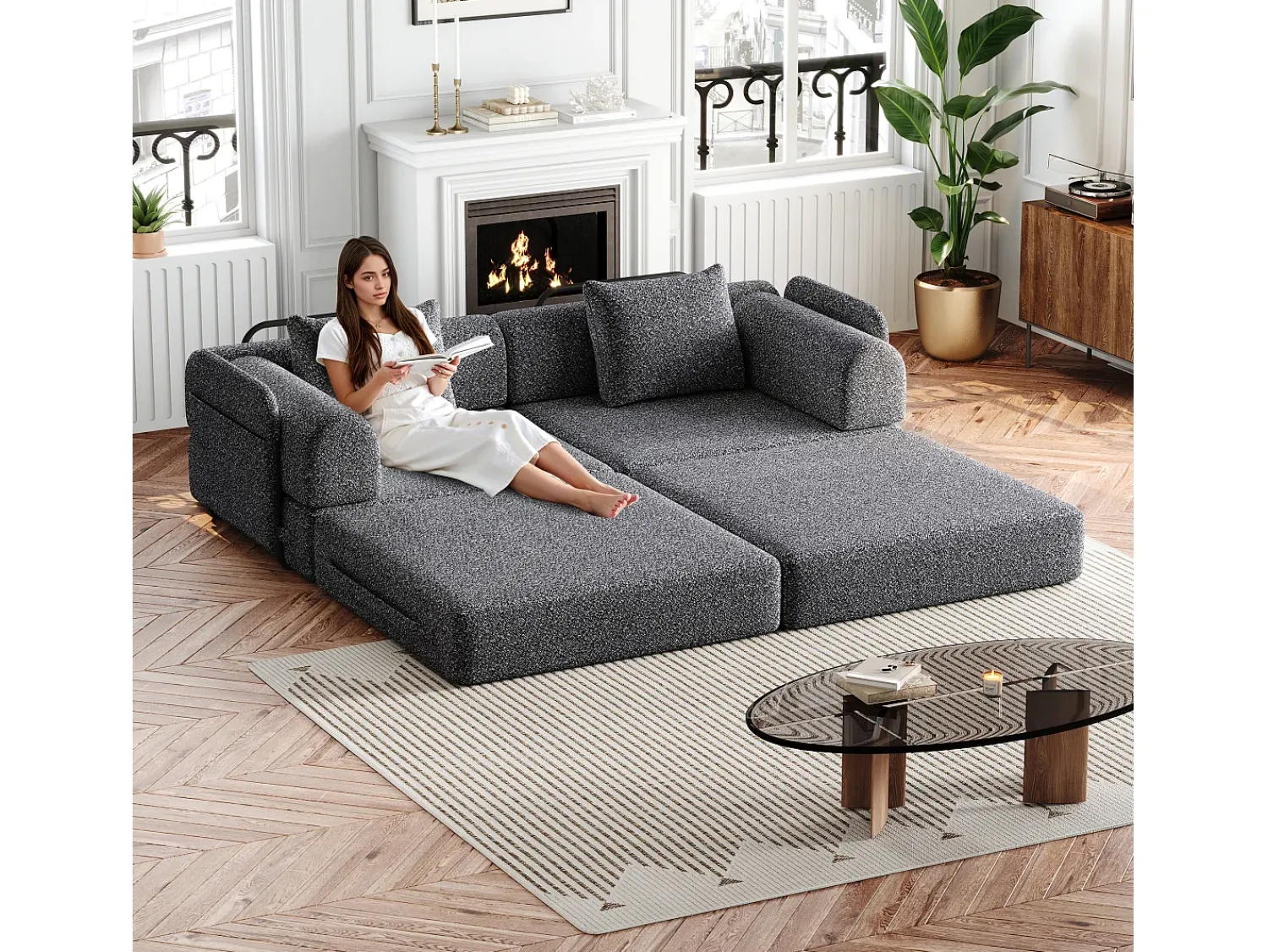 Sofá*Hauss Spole Sofá-cama de 2 lugares com conversão rápida em tecido chenille - Várias combinações Cinzento