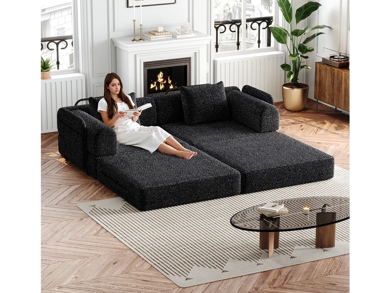 Sofá|Hauss Spole Sofá-cama de 2 lugares com conversão rápida em tecido chenille - Várias combinações Preto