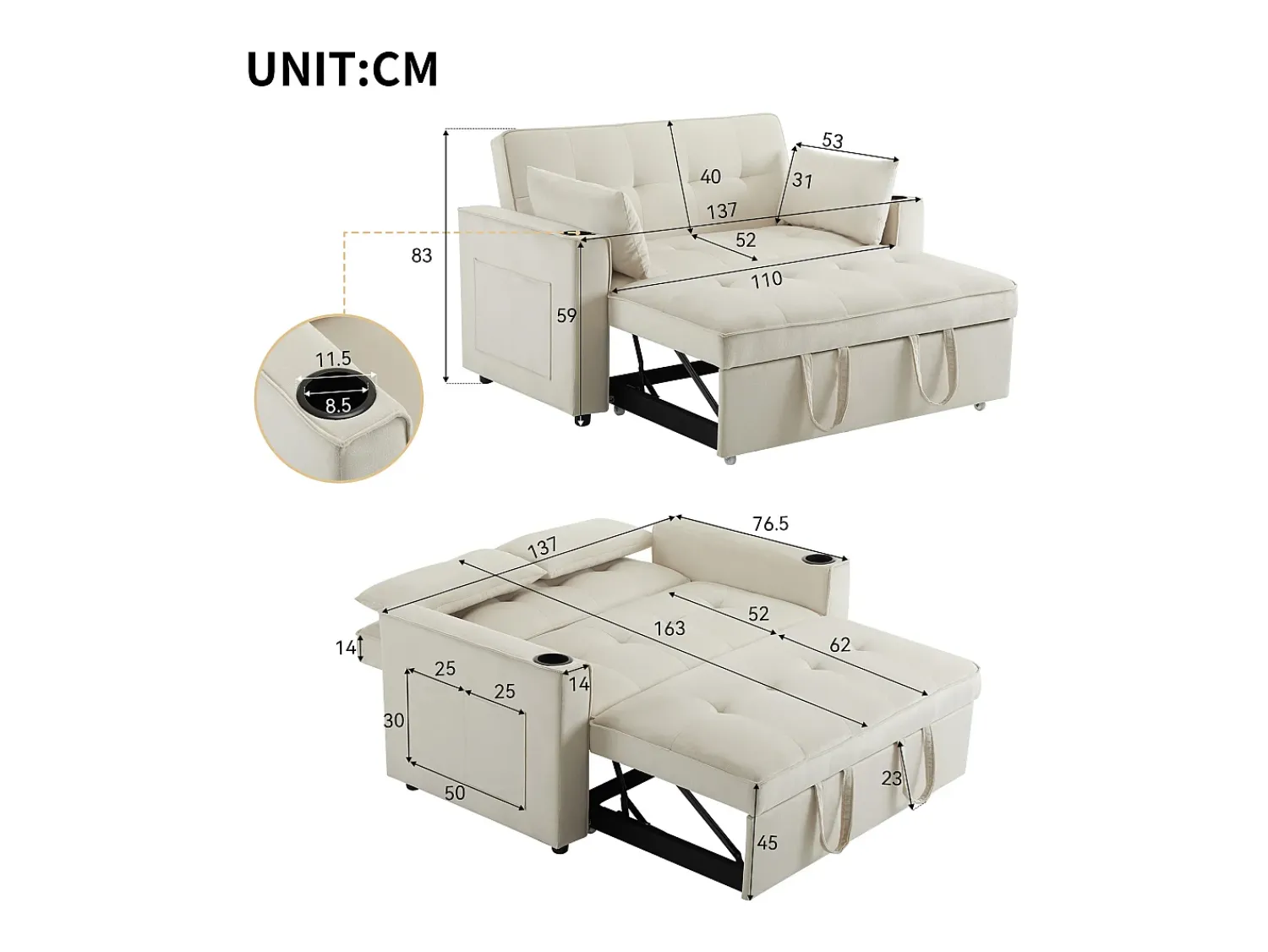 Hauss Spole Sofá-cama de 2 lugares com função de cama - Tecido de veludo -^ Sofá