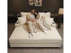 Sofá|Merax Sofá-cama de 2 lugares com função de cama - 163 x 140 x 82 cm - com encosto acolchoado + porta USB + porta-copos - veludo - Bege