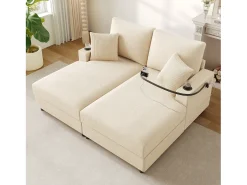 Sofá|Merax Sofá-cama de 2 lugares com função de cama - 163 x 140 x 82 cm - com encosto acolchoado + porta USB + porta-copos - veludo - Bege