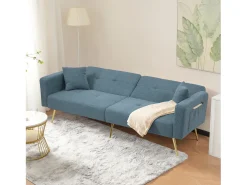 Sofá|Merax Sofá-cama de 2 lugares com mecanismo click-clack em tecido Sherpa - 175 x 64 x 72 cm - Pés dourados - Azul