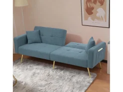 Sofá|Merax Sofá-cama de 2 lugares com mecanismo click-clack em tecido Sherpa - 175 x 64 x 72 cm - Pés dourados - Azul