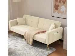 Sofá*Merax Sofá-cama de 2 lugares com mecanismo click-clack em tecido Sherpa - 175 x 64 x 72 cm - Pés dourados - Bege