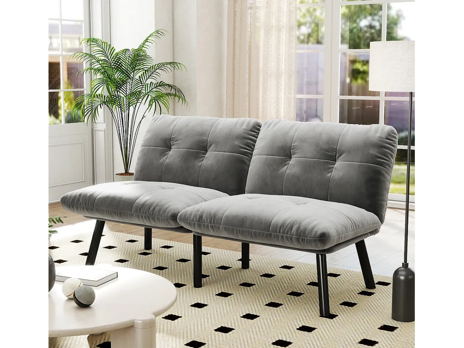 Discount Hauss Spole Sofá-cama de 2 lugares em , veludo e metal, com pés pretos. Cinzento