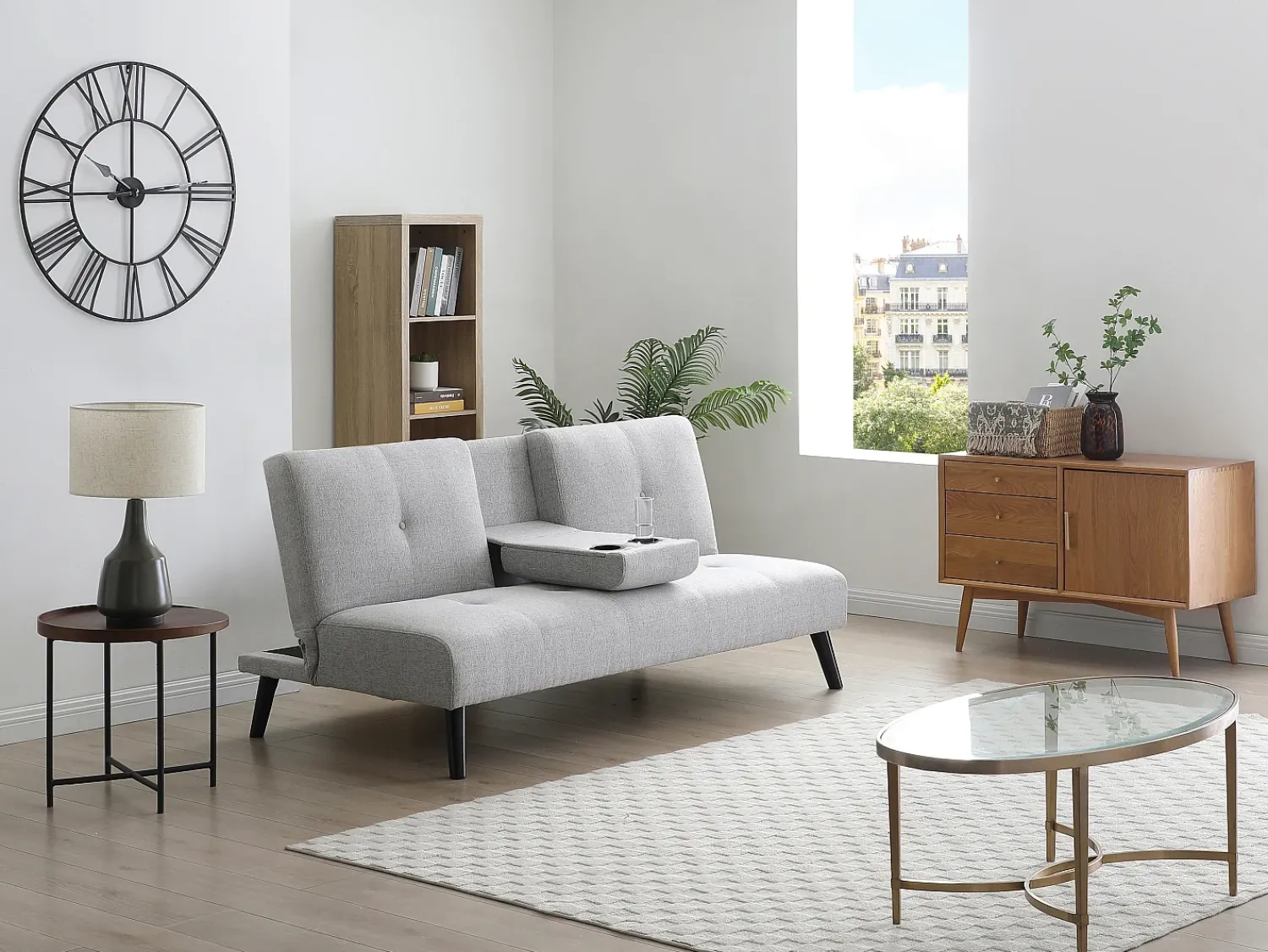 Sofá|Vente-unique Sofá-cama de 3 lugares em tecido cinza claro com mesa CLOSIPA Cinzento claro
