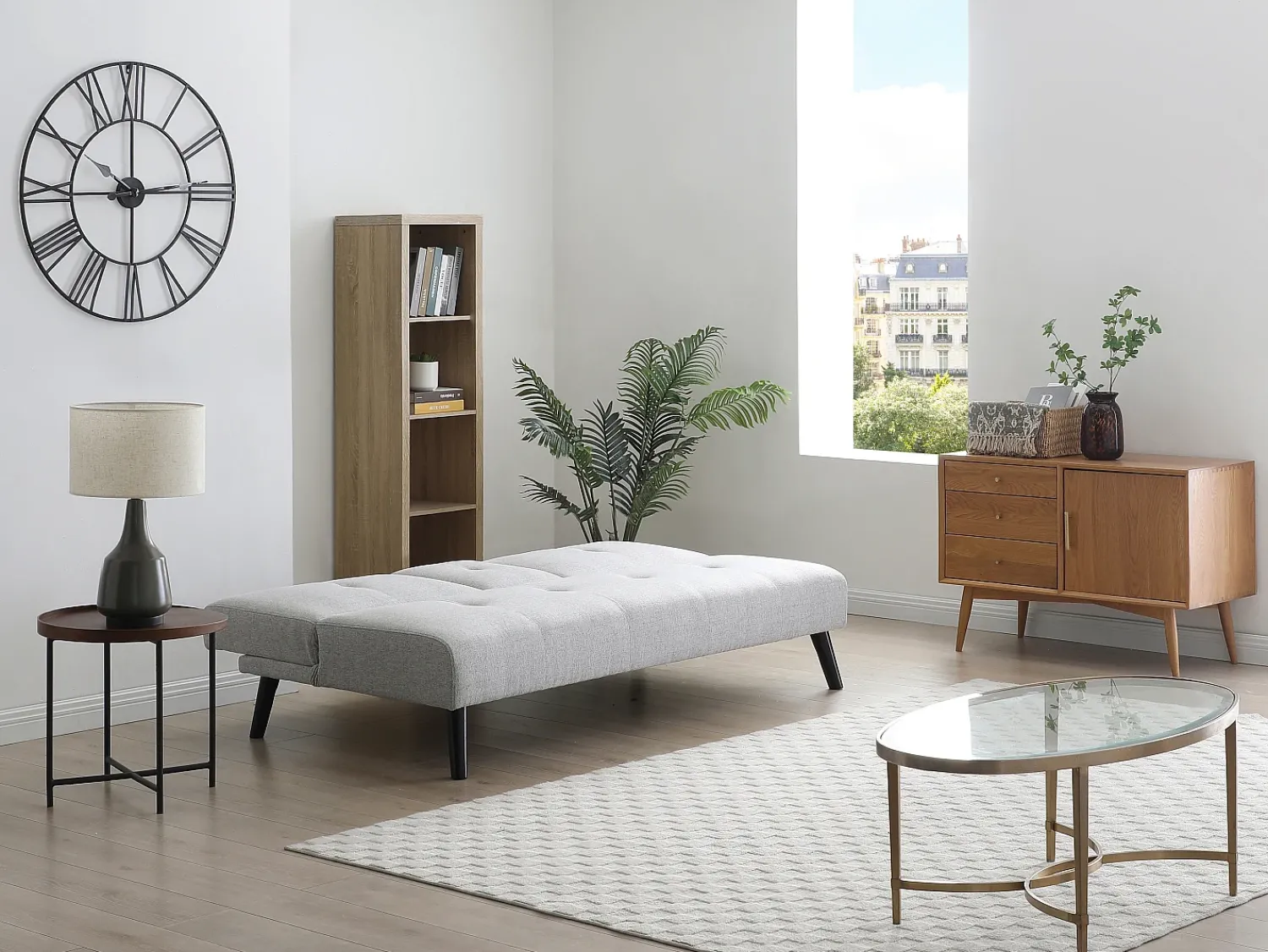 Sofá|Vente-unique Sofá-cama de 3 lugares em tecido cinza claro com mesa CLOSIPA Cinzento claro