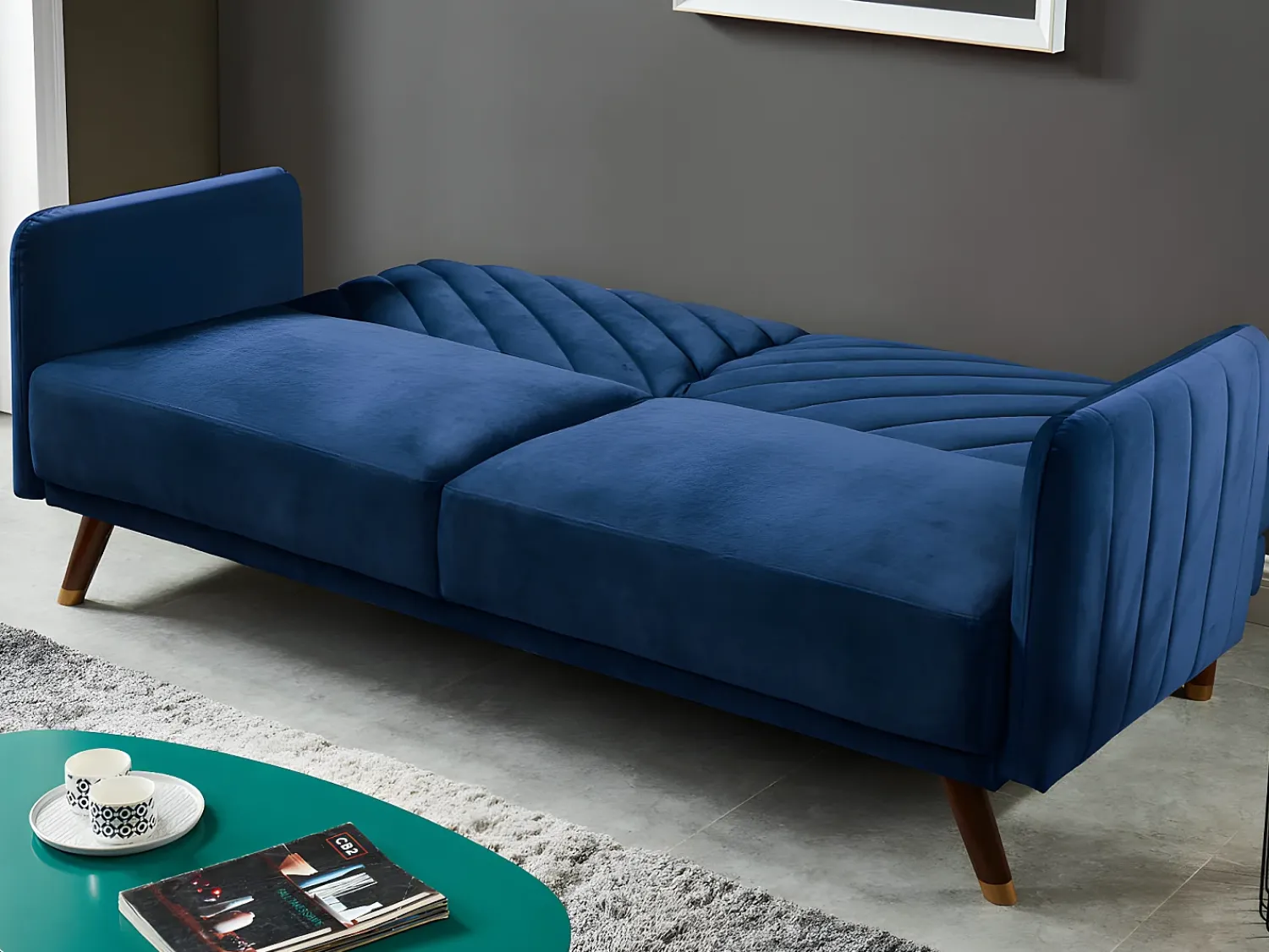 Vente-unique Sofá-cama de 3 lugares em veludo azul JORIS^ Sofá