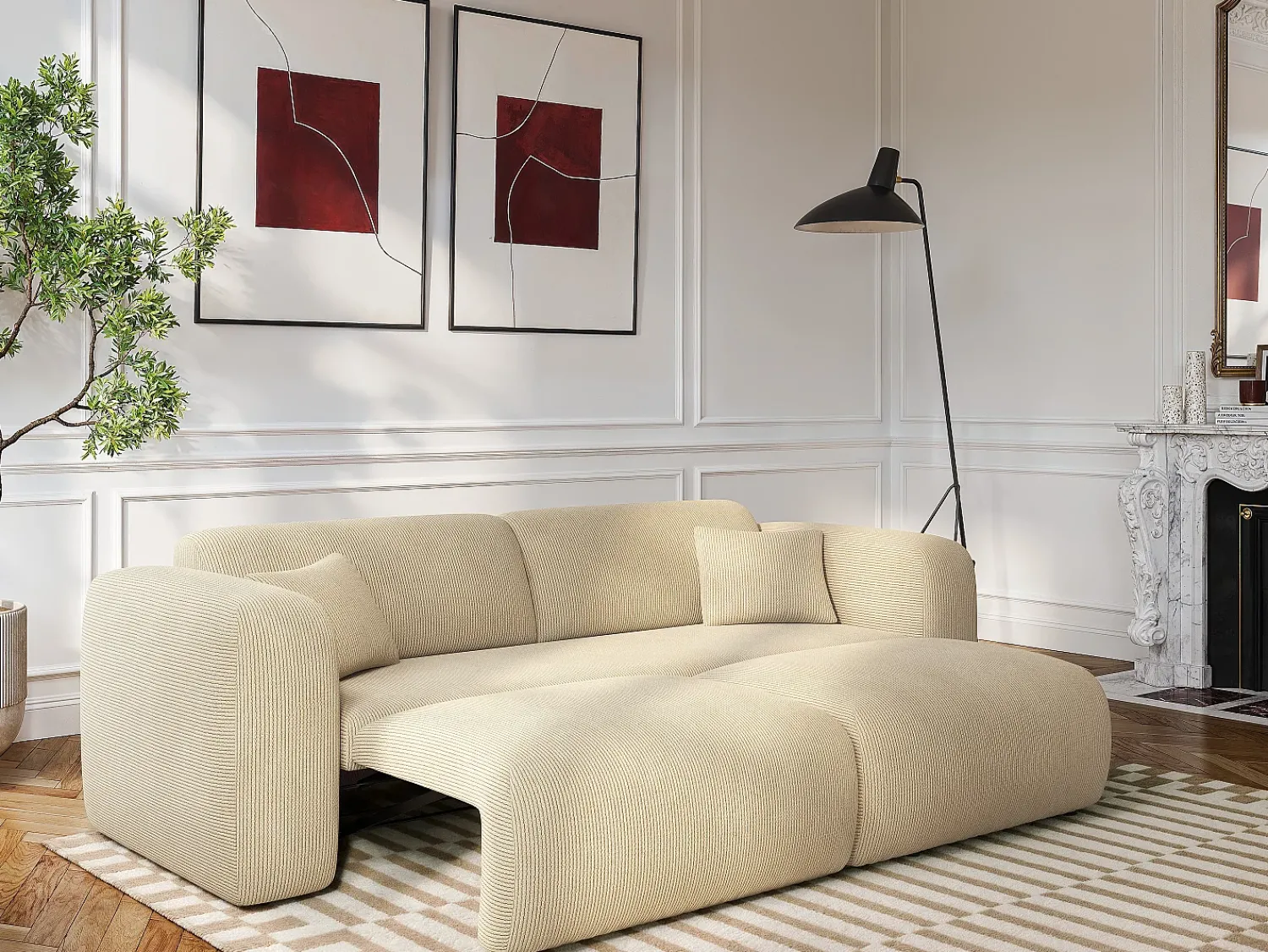 Sofá|Maison Céphy Sofá-cama de 4 lugares em veludo cotelê de nervuras finas POGNI da Bege