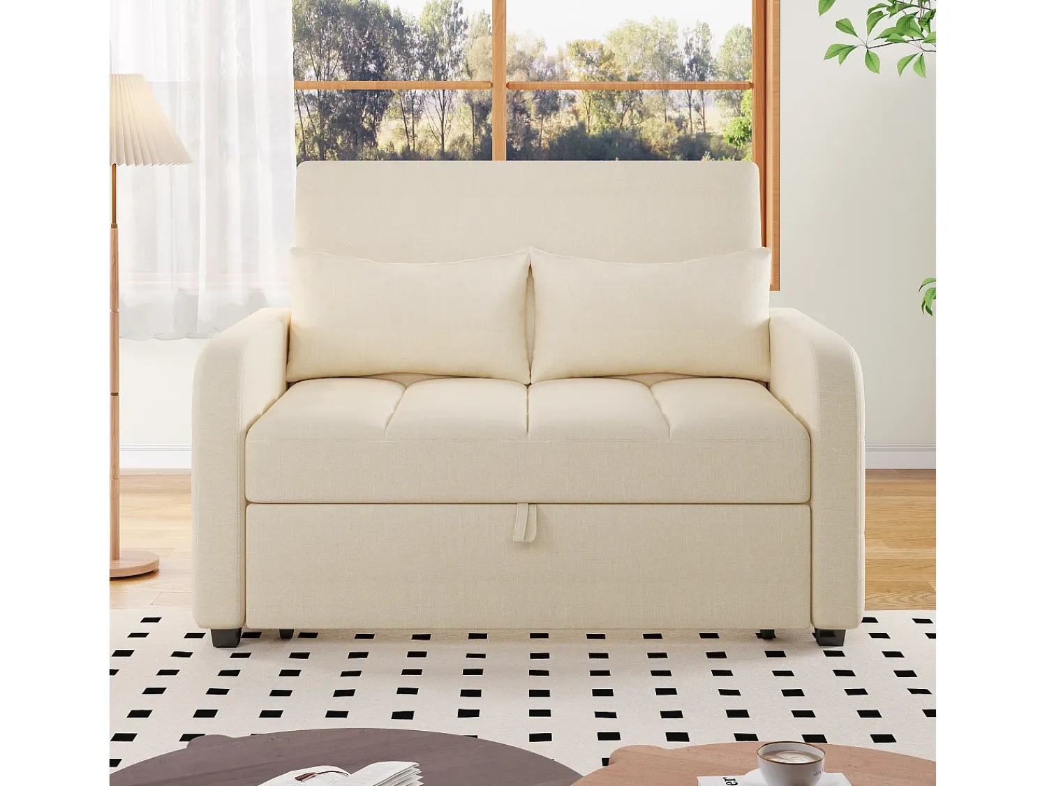 Sofá*Merax Sofá-cama de 2 lugares, sofá-cama dobrável em tecido de linho - 127 x 75 x 94 cm - com função dormir - Bege