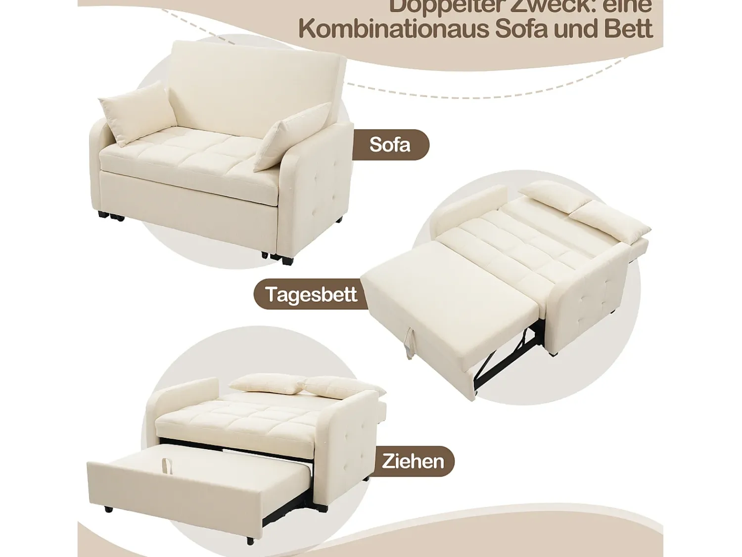 Sofá*Merax Sofá-cama de 2 lugares, sofá-cama dobrável em tecido de linho - 127 x 75 x 94 cm - com função dormir - Bege