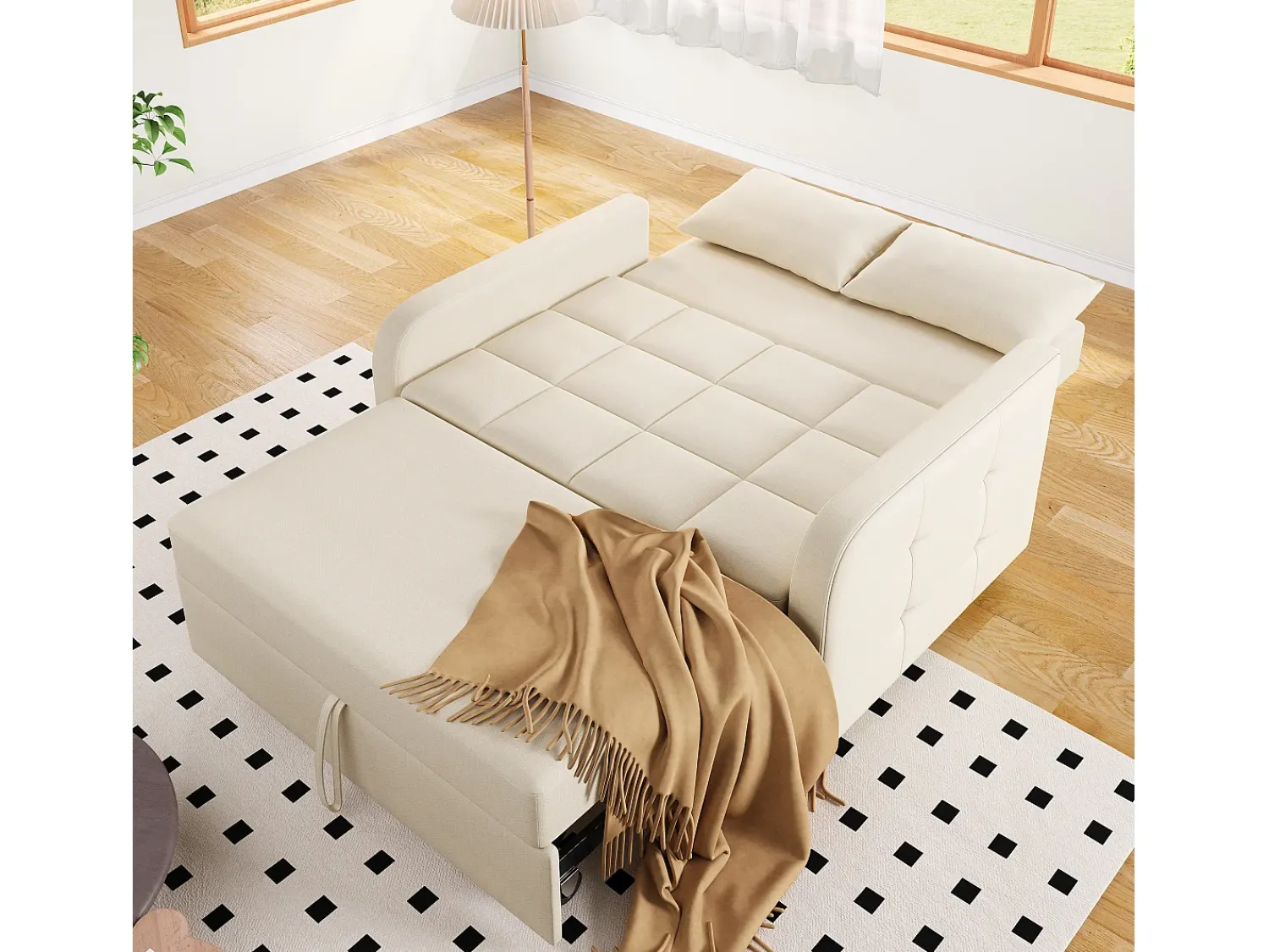 Sofá*Merax Sofá-cama de 2 lugares, sofá-cama dobrável em tecido de linho - 127 x 75 x 94 cm - com função dormir - Bege