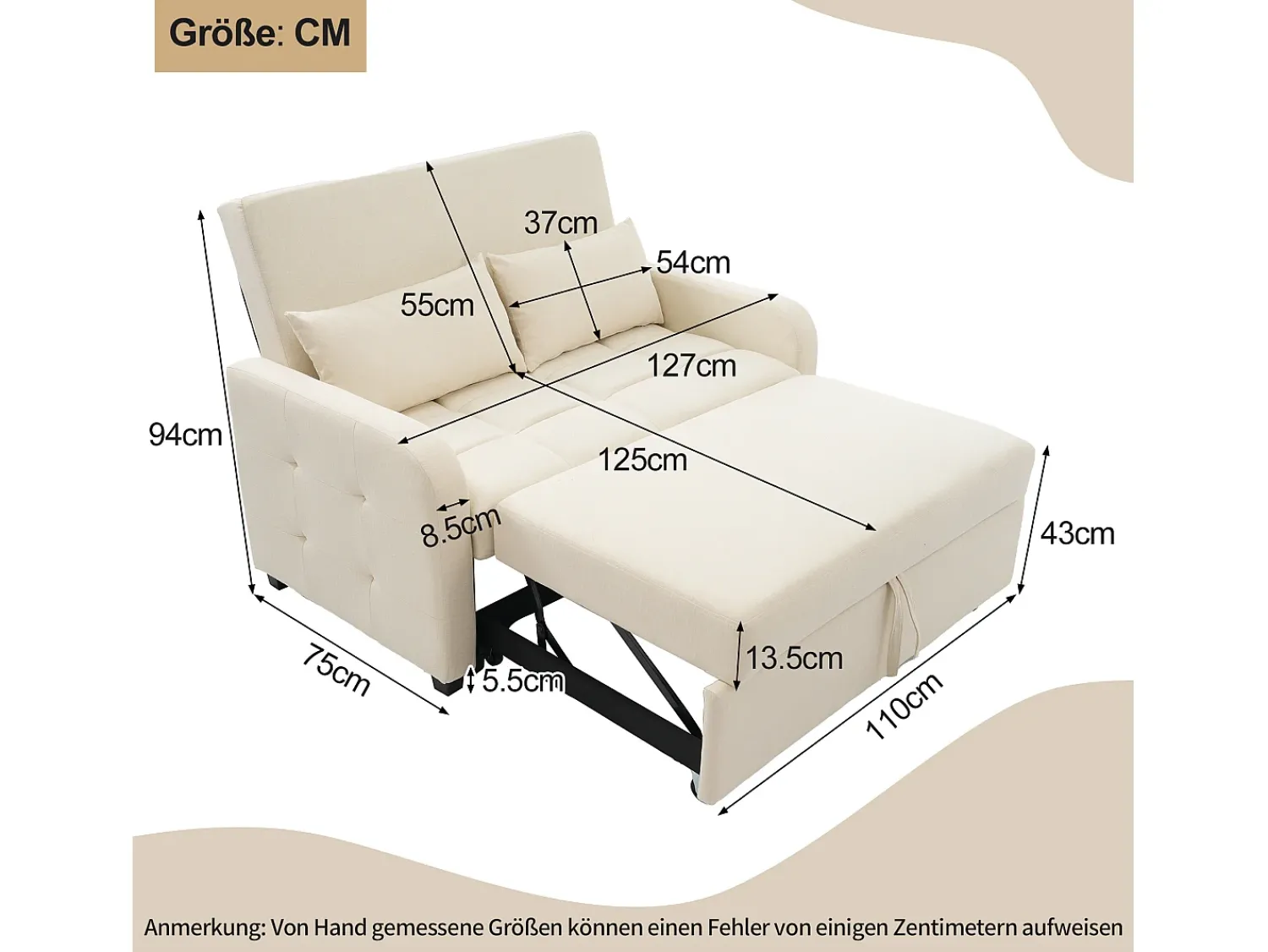 Sofá*Merax Sofá-cama de 2 lugares, sofá-cama dobrável em tecido de linho - 127 x 75 x 94 cm - com função dormir - Bege