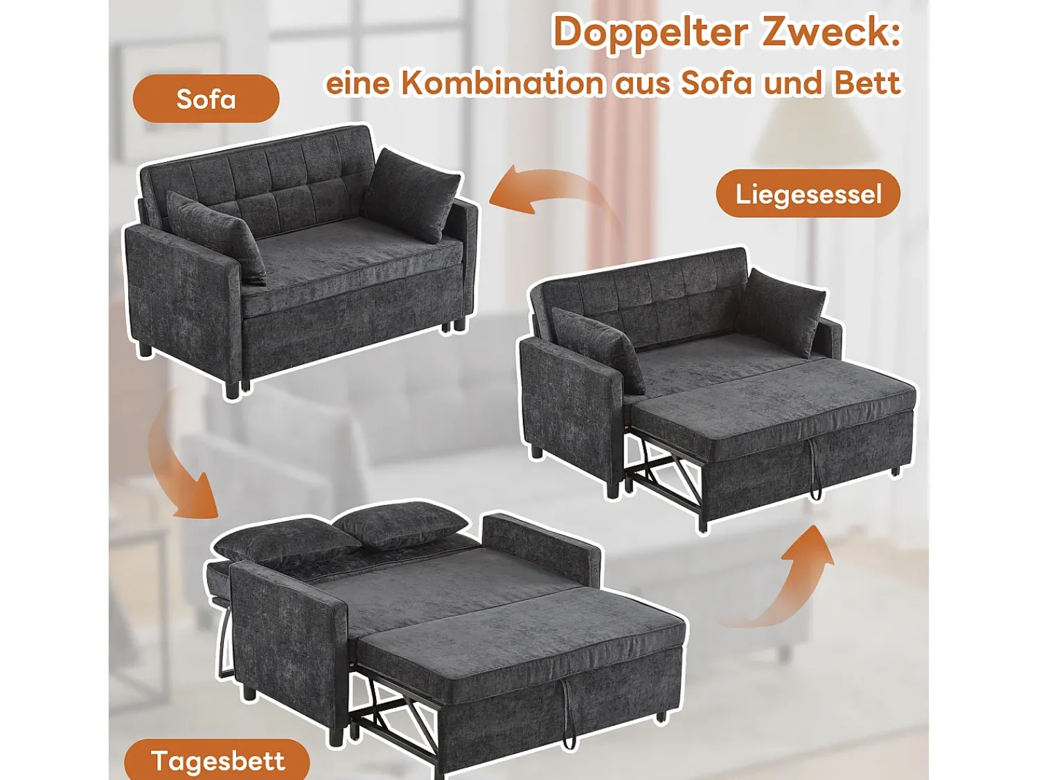 Sofá|Merax Sofá-cama de 2 lugares, sofá-cama dobrável em tecido chenille - 142 x 79/174 x 85 cm - com função sleep e encosto ajustável - Preto